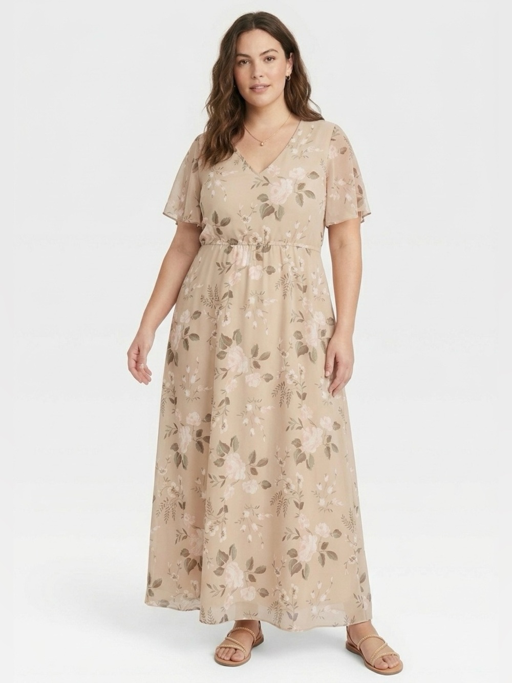 Beige Floral V-Neck Flutter Sleeve Maxi Dress